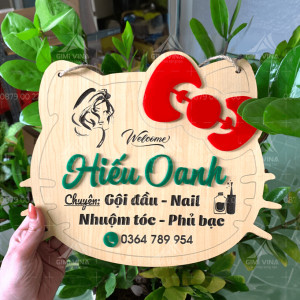 Bảng gỗ tên shop hình mặt mèo dễ thương treo tường