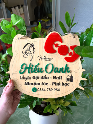 Bảng gỗ tên shop hình mặt mèo dễ thương treo tường