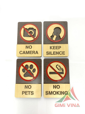 Biển báo, biển cấm, bảng chỉ dẫn bằng gỗ khắc laser trang trí dán tường, dán cửa kính