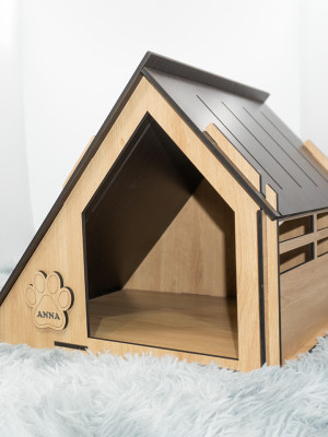 Nhà cho chó mèo hình tam giác bằng gỗ, chuồng pet làm bằng gỗ cao cấp
